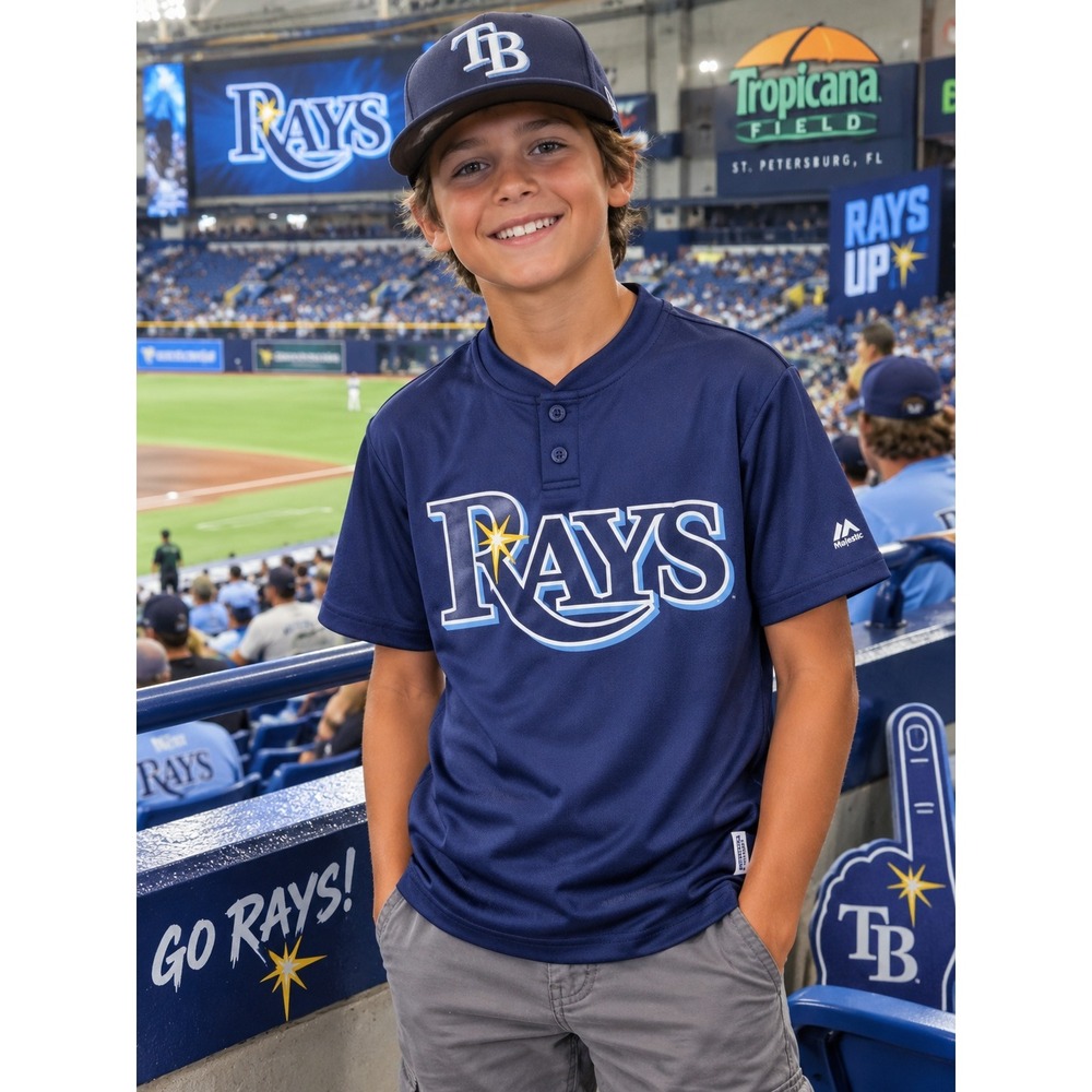 Vintage 2014 Tampa Bay Rays Majestic Youth Medium Jersey Navy MLB Baseball